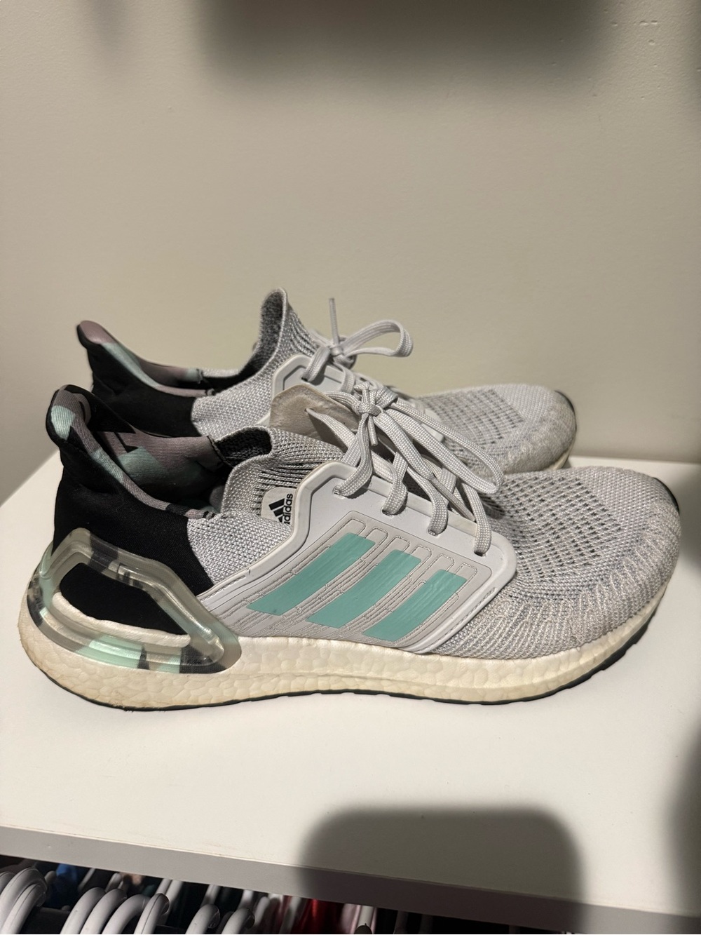 adidas Women’s ultra boost Light Gray Knit Running Shoes with Mint Accents